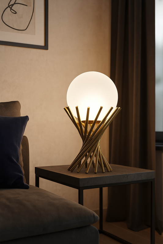 LAMPADA DA TAVOLO IN METALLO TUBOLARE SFERA VETRO G9 LUME BRONZO