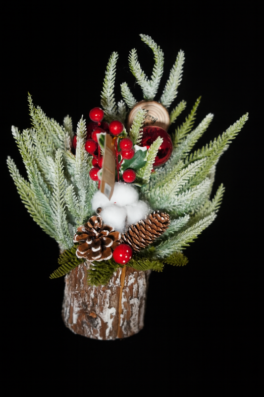 Composizione Natalizia con tronco in legno - 35 cm